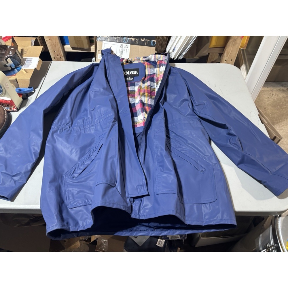 Totes Blue‎ Rain Jacket Slicker PVC Plaid Flannel Lined Women Size Medium